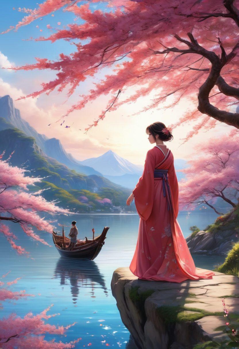 A captivating scene showcasing a fantastical anime landscape with vibrant colors, featuring ethereal characters in suggestive poses, surrounded by alluring cherry blossom trees. The setting exudes a whimsical yet sensual atmosphere, blending elements of romance and fantasy art. Incorporate intricate details in the characters' designs and expressions to emphasize their allure, while maintaining a playful and artistic style. digital painting. vibrant colors. enchanting background.