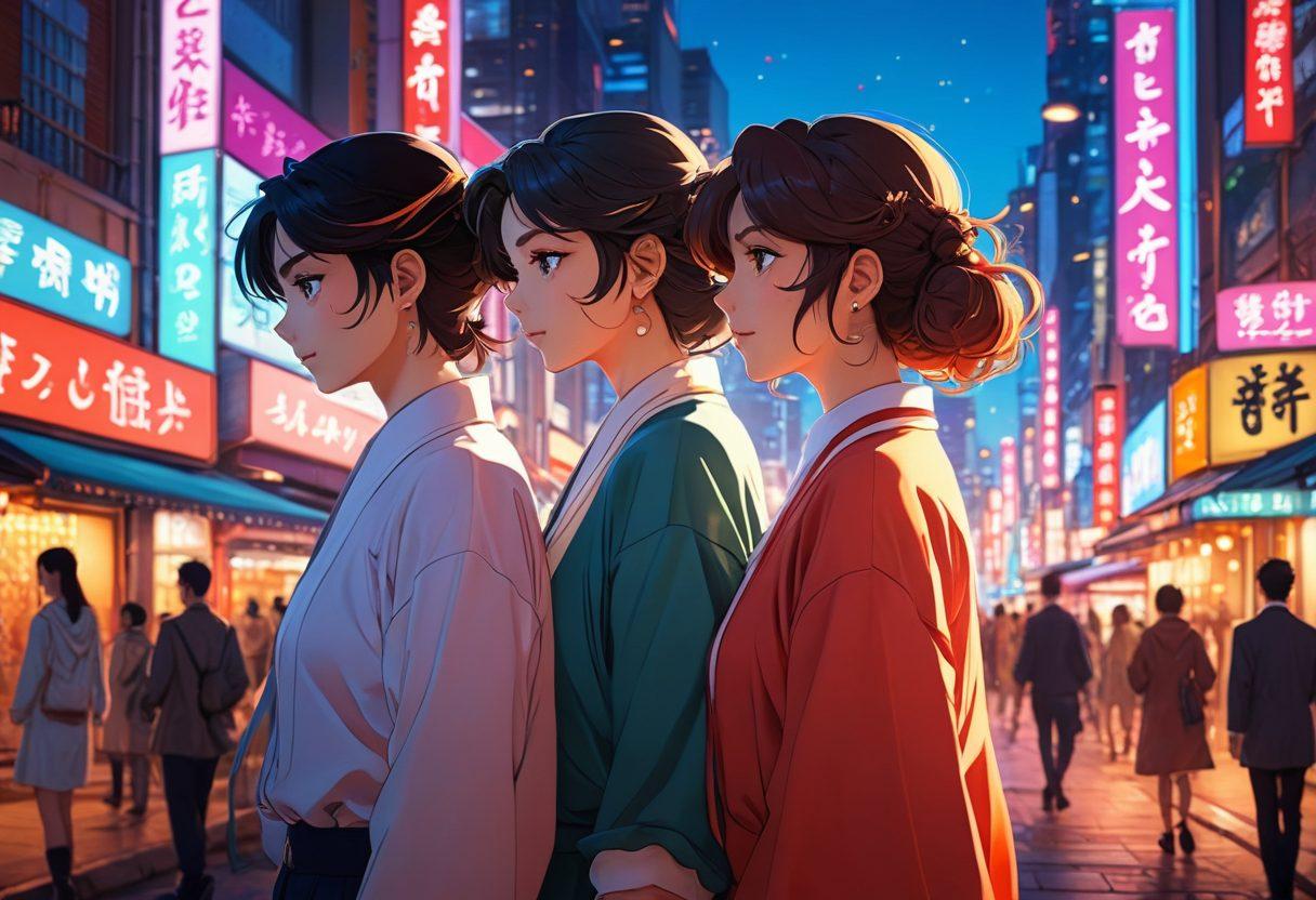 A dynamic and colorful scene depicting a fusion of classic anime styles with sensual elements, featuring diverse characters expressing emotions of intrigue and fascination. The background should blend iconic anime cityscapes with ethereal, dreamlike colors and soft lighting that evokes a sense of allure and mystery. Include subtle hints of cultural symbols to reflect the global impact of anime erotica. vibrant colors. super-realistic. fantasy art.